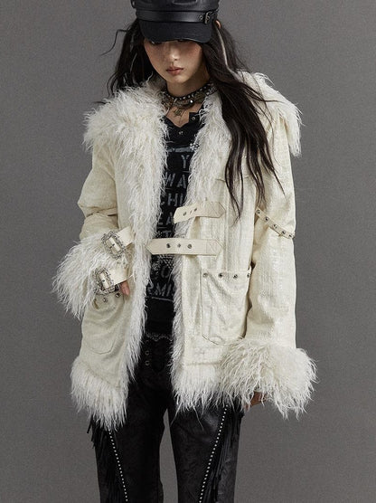 Vintage Baroque White Collar Fluffy Long Coat Outerwear