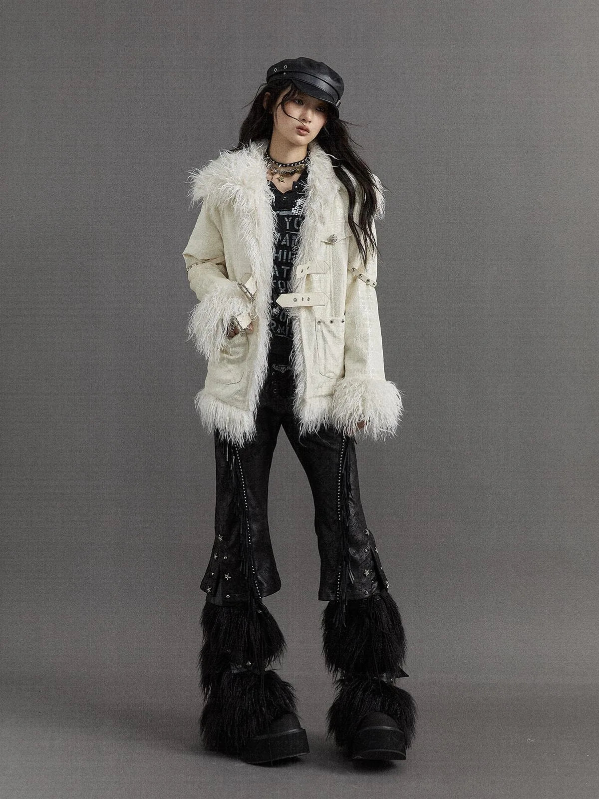 Vintage Baroque White Collar Fluffy Long Coat Outerwear