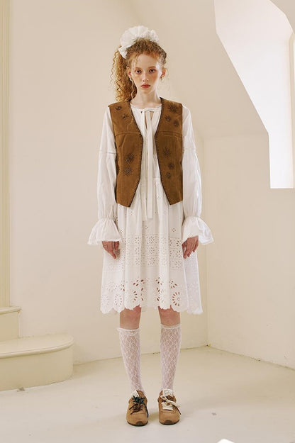 DIDDI MODA Vintage Beaded Pu Vest With Fur Collar