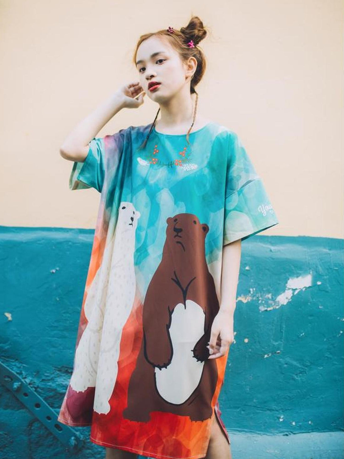 Sweet Mi Vintage Bear Print Oversized T Shirt Dress Summer Casual Long Tee