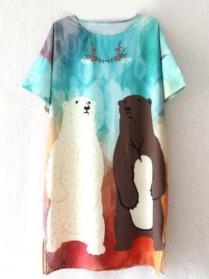 Sweet Mi Vintage Bear Print Oversized T Shirt Dress Summer Casual Long Tee