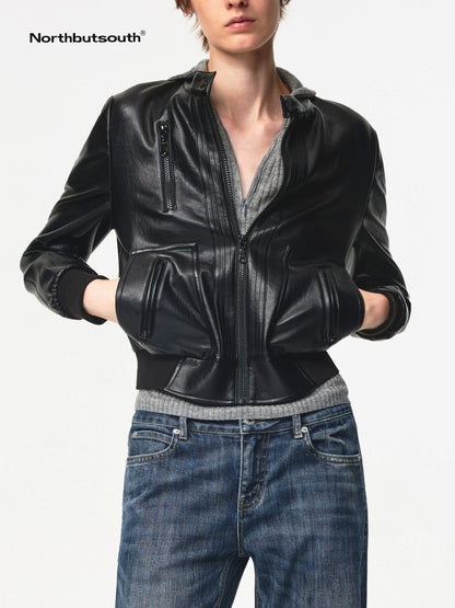 Vintage Black Cropped PU Leather Jacket With Waist Detail