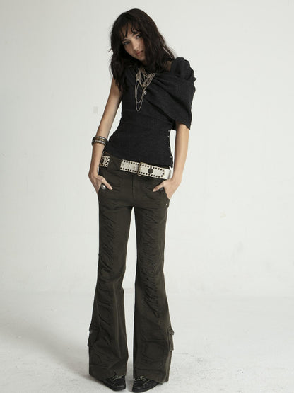 Vintage Black Flared Jeans for Women High Waist Stretch Denim Pants
