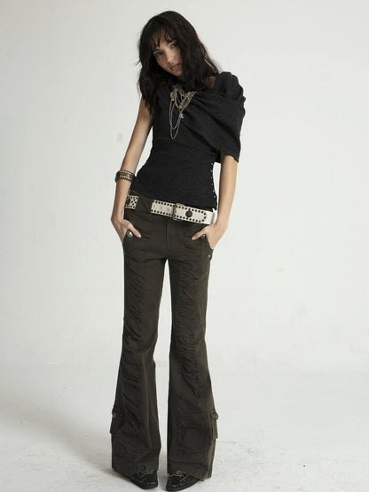 Vintage Black Flared Jeans For Women High Waist Stretch Denim Pants