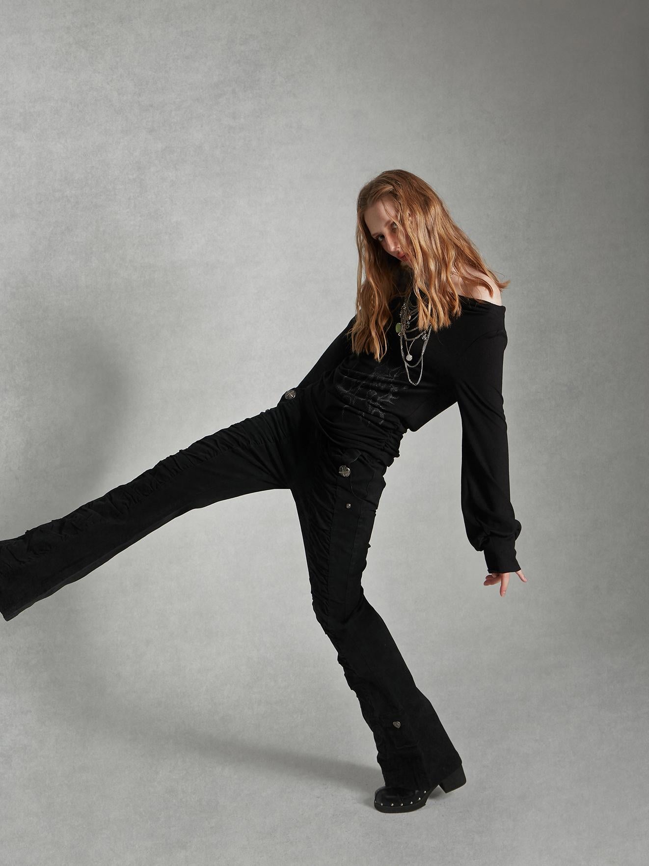 Vintage Black Flared Jeans for Women High Waist Stretch Denim Pants