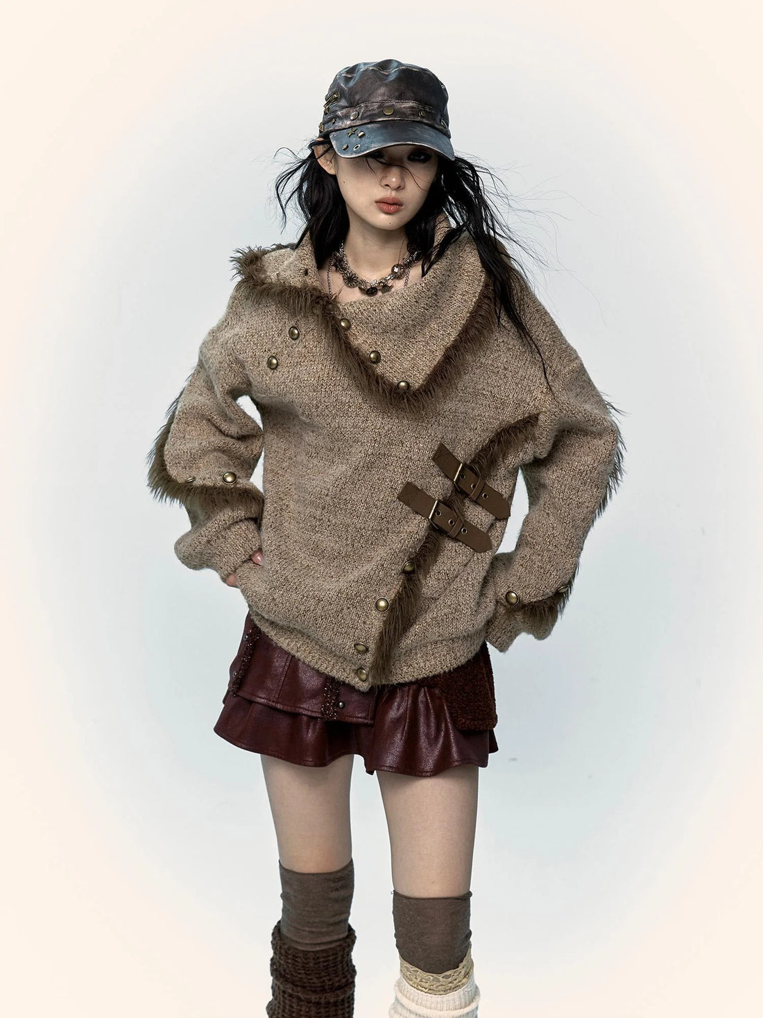 Vintage Boho Knit Sweater With Frayed Collar For Women