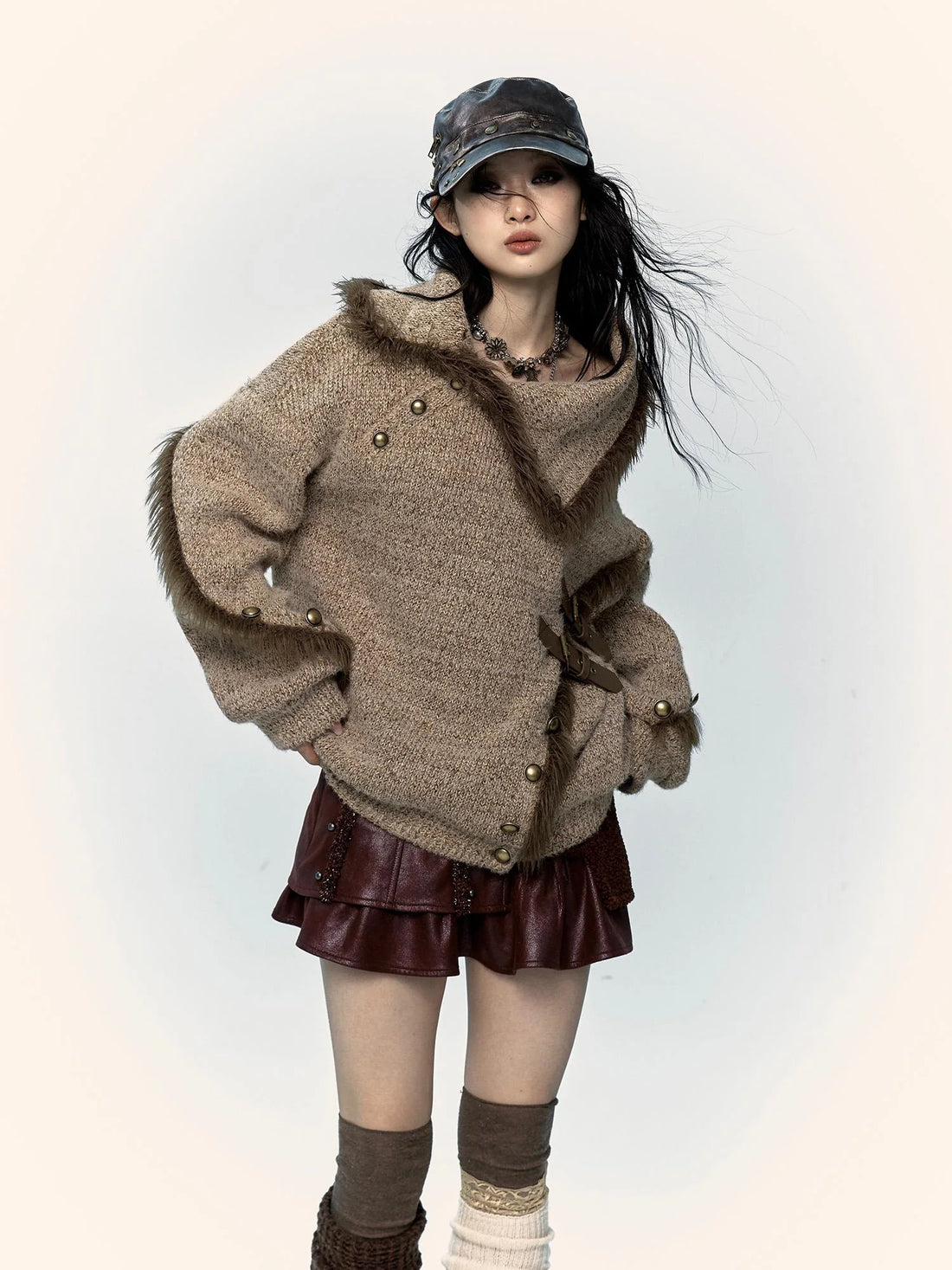 Vintage Boho Knit Sweater With Frayed Collar For Women
