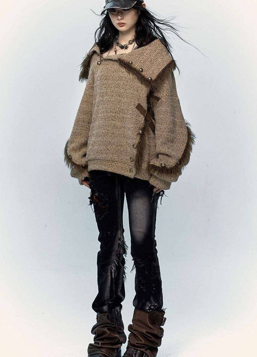 NO ROMANCE Vintage Boho Knit Sweater With Frayed Collar For Women