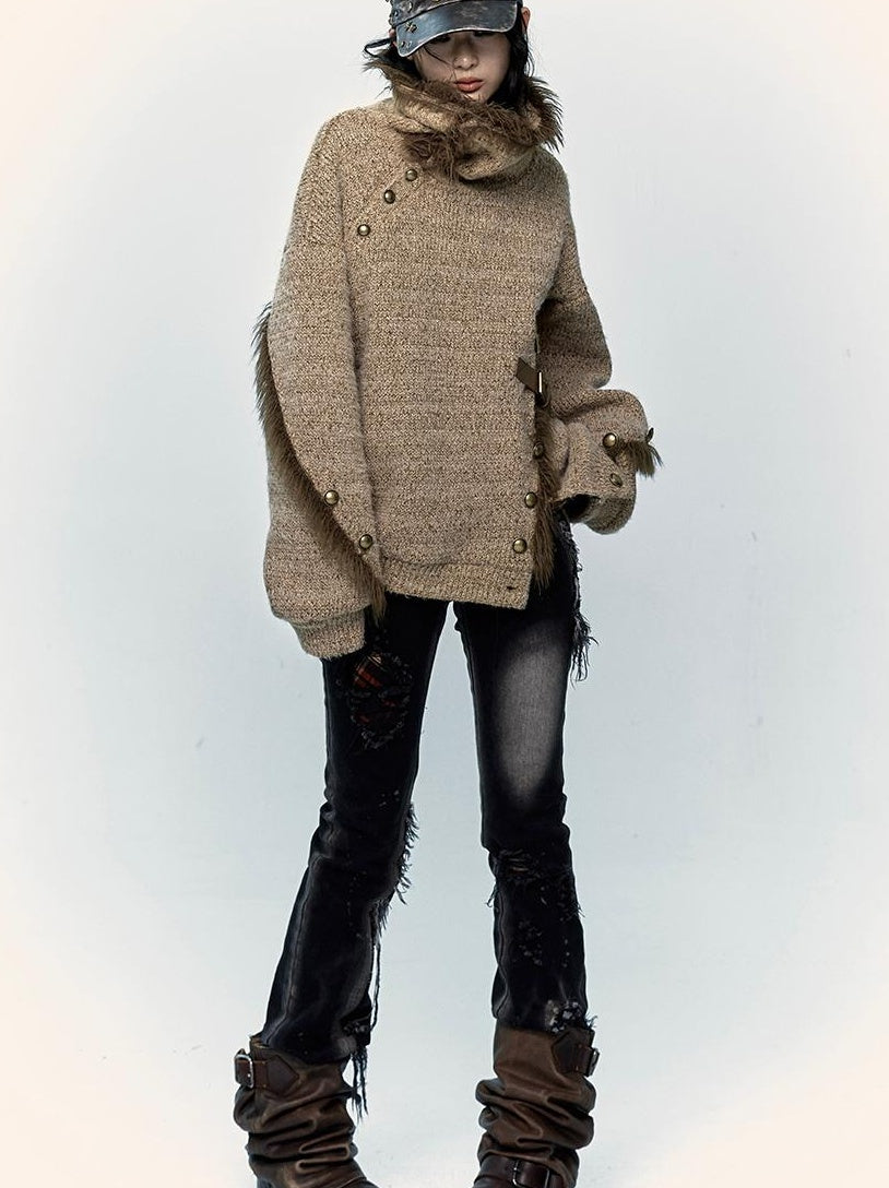 NO ROMANCE Vintage Boho Knit Sweater With Frayed Collar For Women