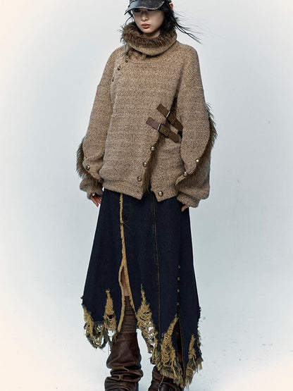 NO ROMANCE Vintage Boho Knit Sweater With Frayed Collar For Women