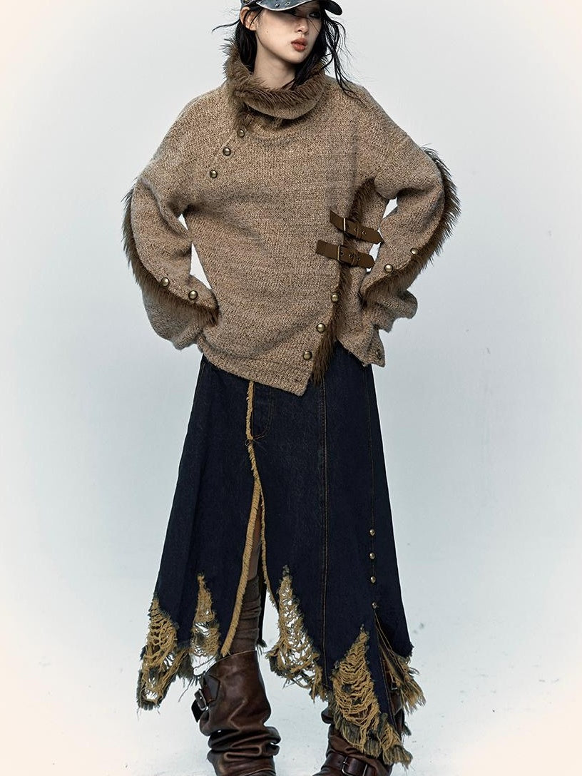 NO ROMANCE Vintage Boho Knit Sweater With Frayed Collar For Women