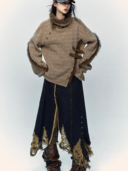 NO ROMANCE Vintage Boho Knit Sweater With Frayed Collar For Women