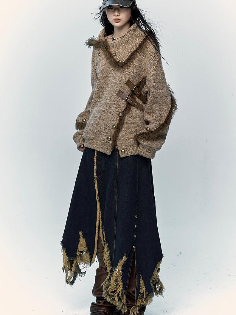 NO ROMANCE Vintage Boho Knit Sweater With Frayed Collar For Women