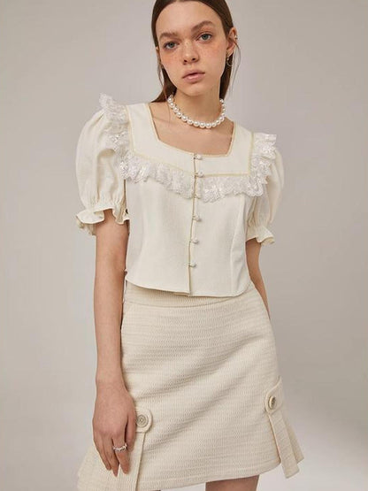 DIDDI MODA Vintage Bow Blouse Lace Crop Top Flared Shorts Set
