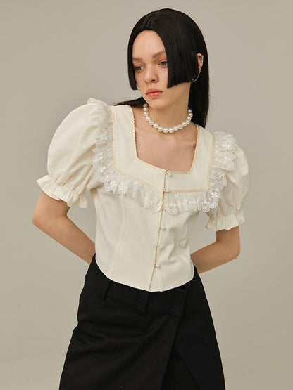 DIDDI MODA Vintage Bow Blouse Lace Crop Top Flared Shorts Set