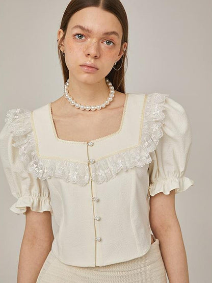 DIDDI MODA Vintage Bow Blouse Lace Crop Top Flared Shorts Set