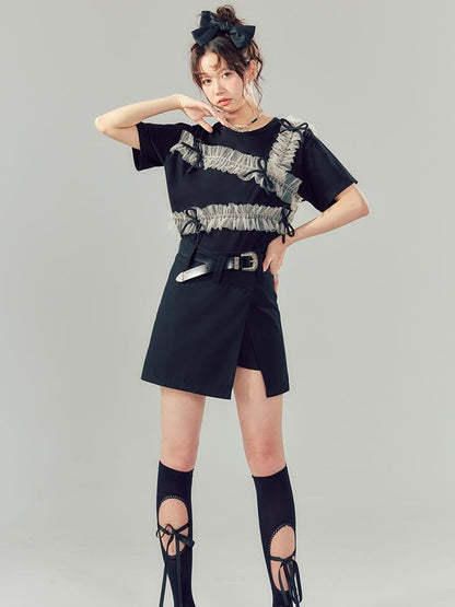 DIDDI MODA Vintage Bow Blouse Lace Crop Top Flared Shorts Set
