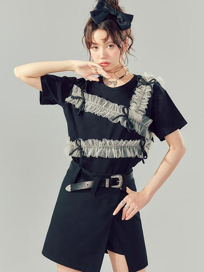 DIDDI MODA Vintage Bow Blouse Lace Crop Top Flared Shorts Set