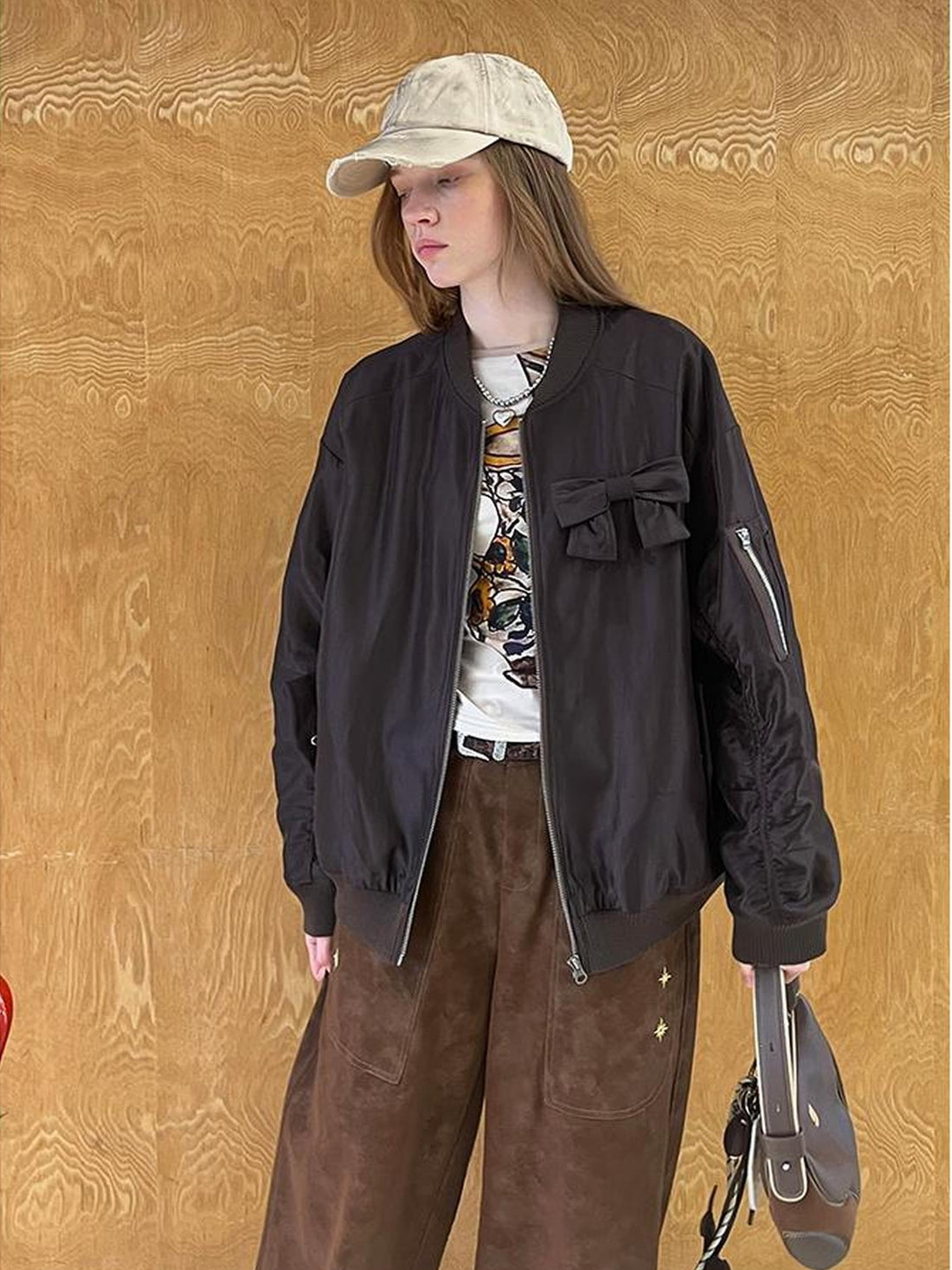DIDDI MODA Vintage Bow Embroidered Baseball Jacket