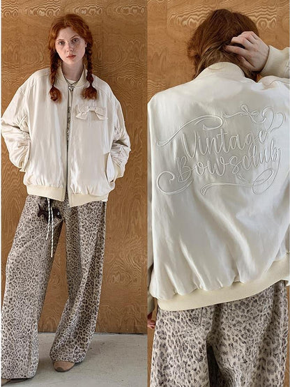 DIDDI MODA Vintage Bow Embroidered Baseball Jacket