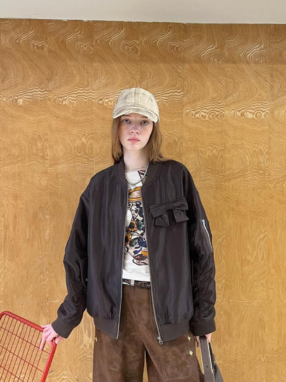 DIDDI MODA Vintage Bow Embroidered Baseball Jacket