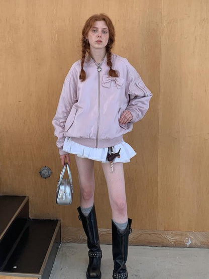 DIDDI MODA Vintage Bow Embroidered Baseball Jacket