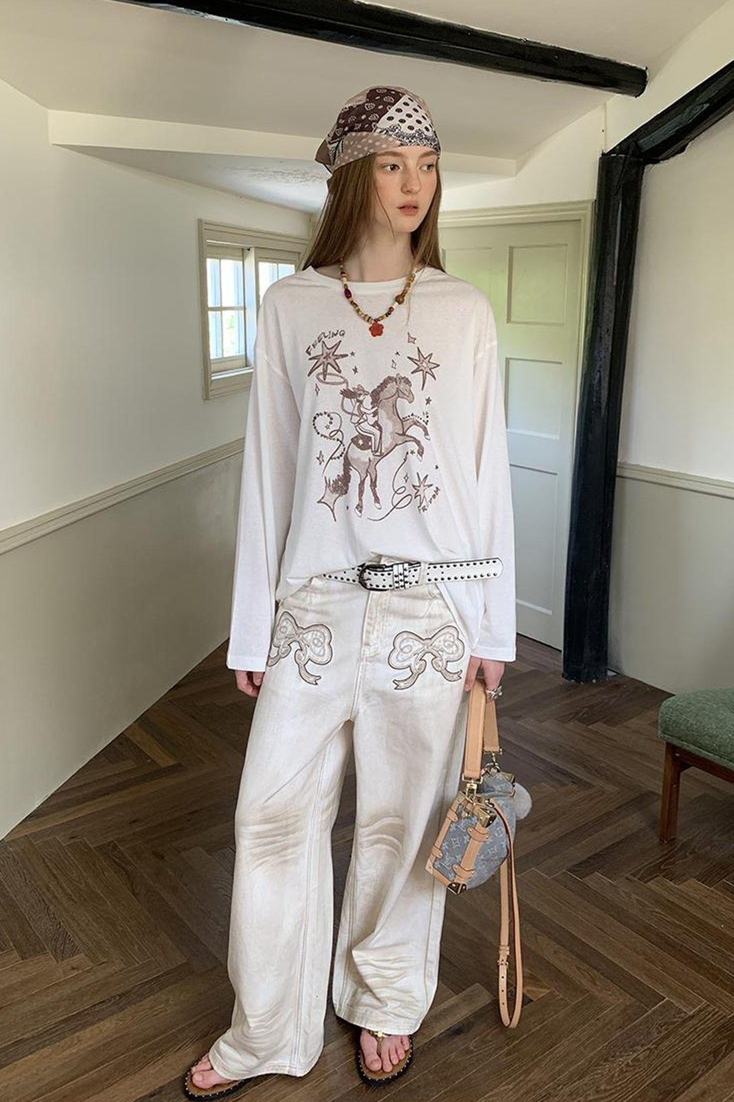 DIDDI MODA Vintage Bow Patchwork Distressed Jeans