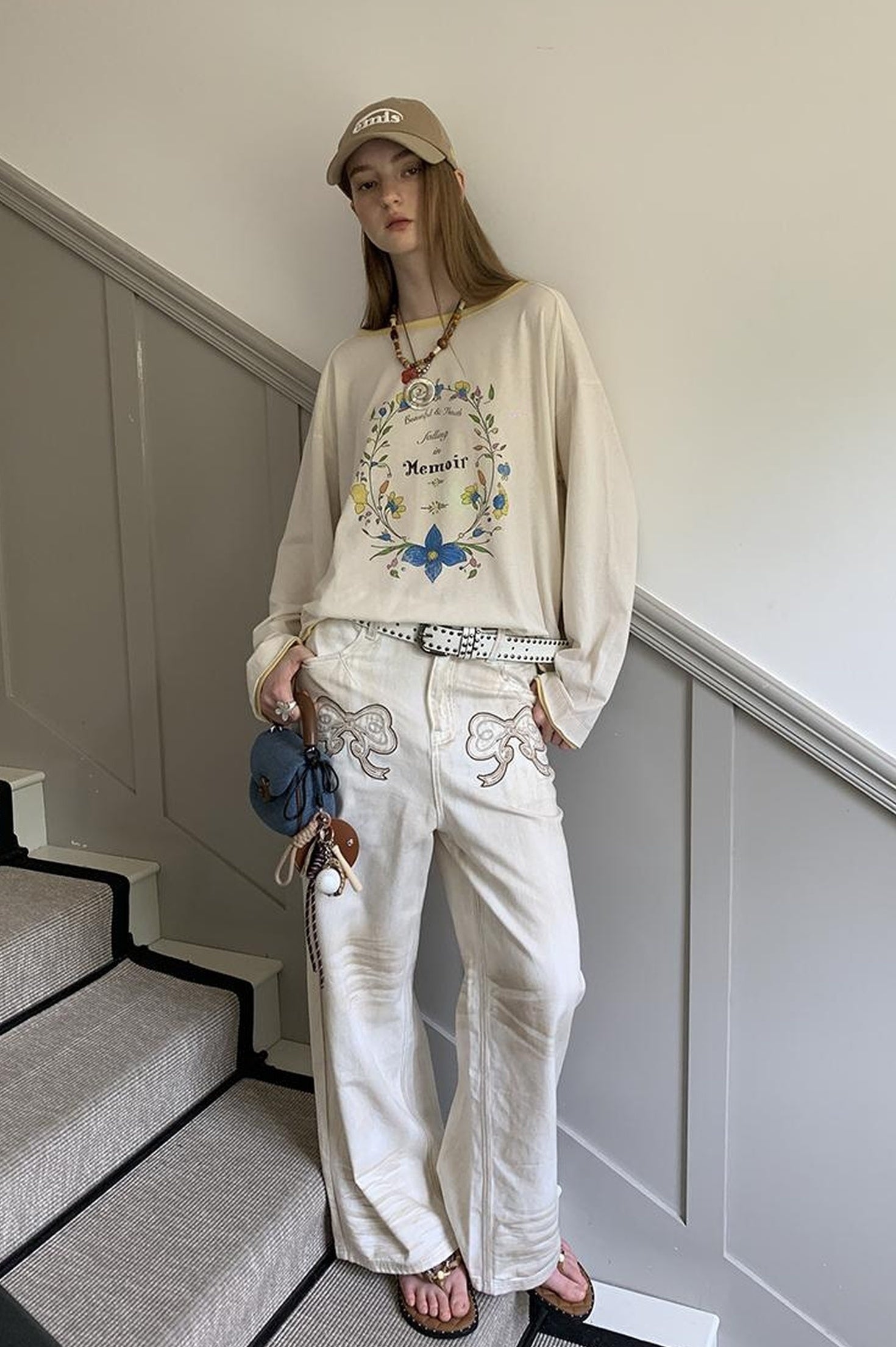DIDDI MODA Vintage Bow Patchwork Distressed Jeans