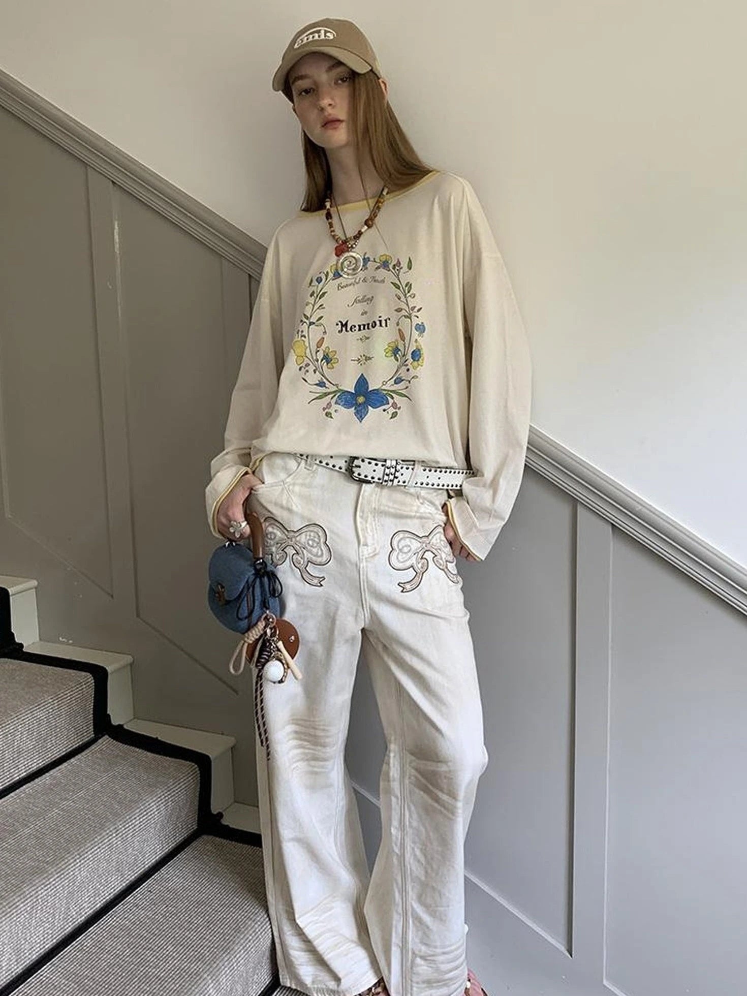 Vintage Bow Patchwork Distressed Jeans