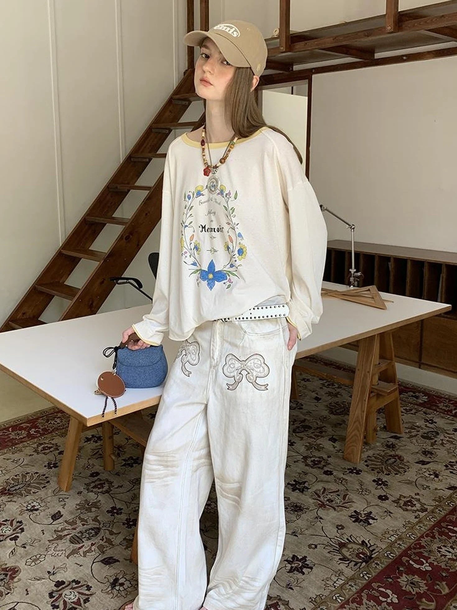 Vintage Bow Patchwork Distressed Jeans