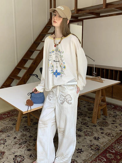 Vintage Bow Patchwork Distressed Jeans