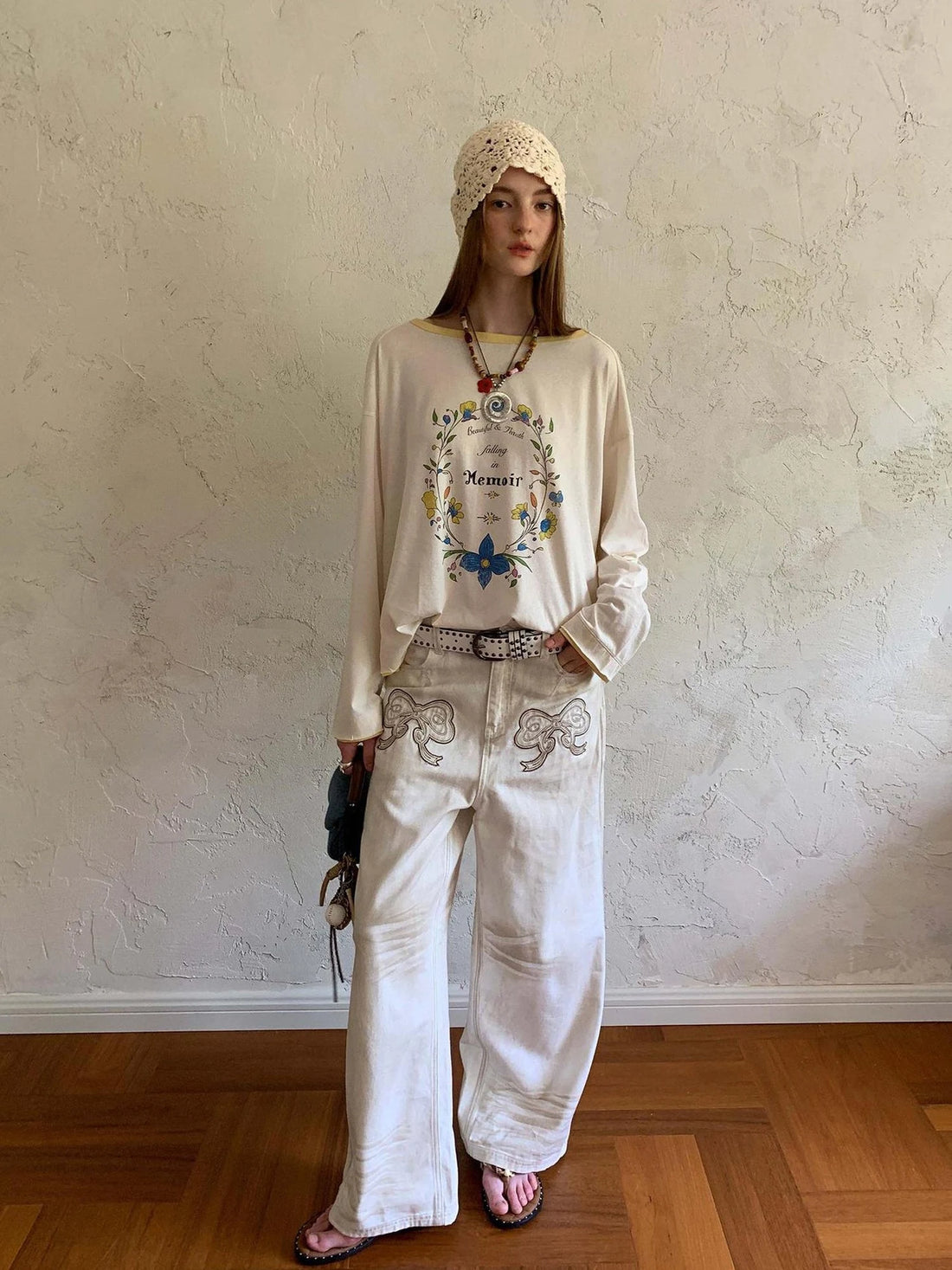 Vintage Bow Patchwork Distressed Jeans