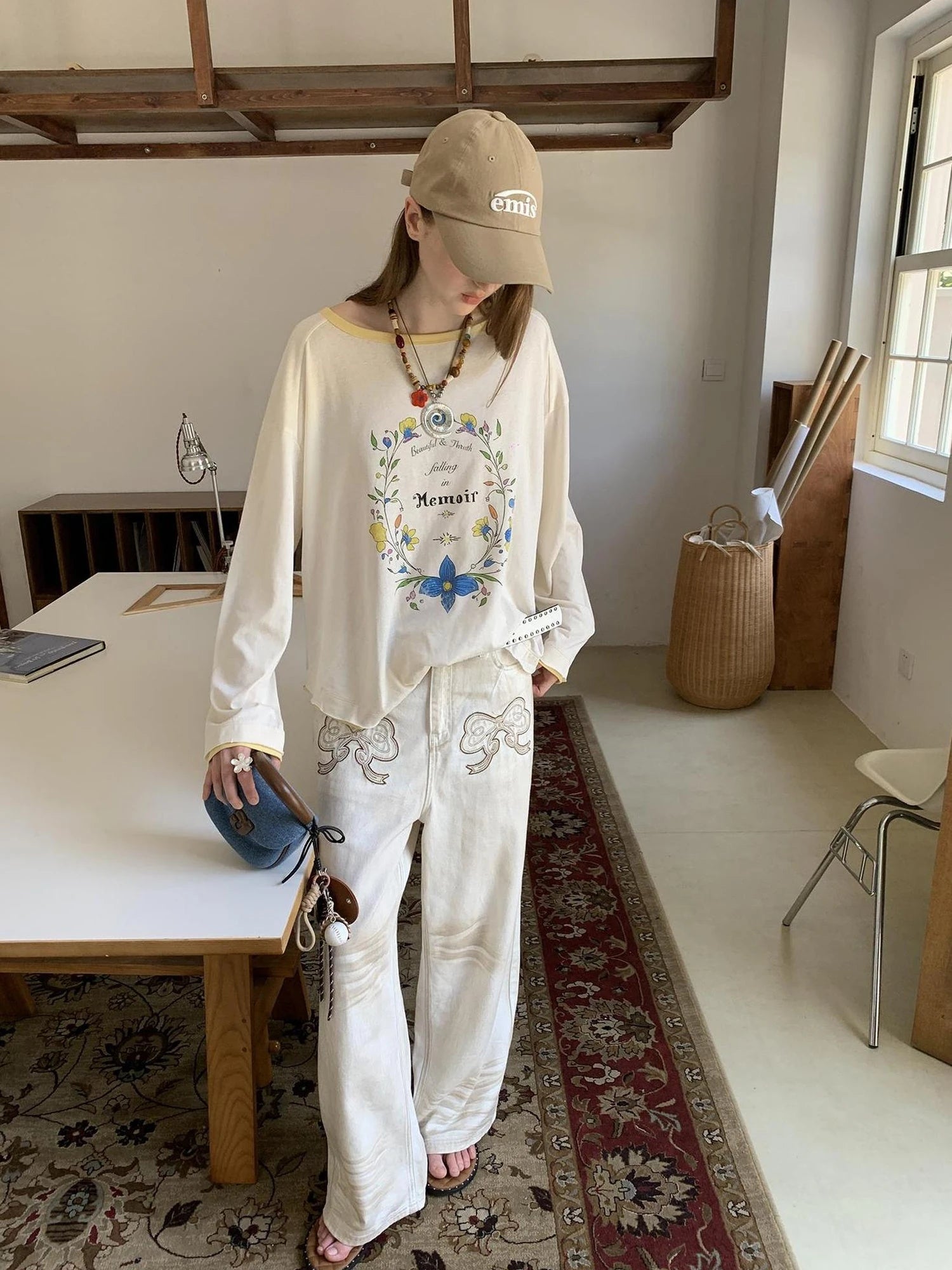 Vintage Bow Patchwork Distressed Jeans