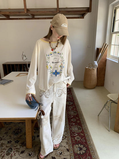 Vintage Bow Patchwork Distressed Jeans