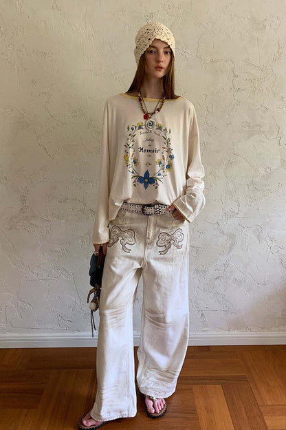 DIDDI MODA Vintage Bow Patchwork Distressed Jeans