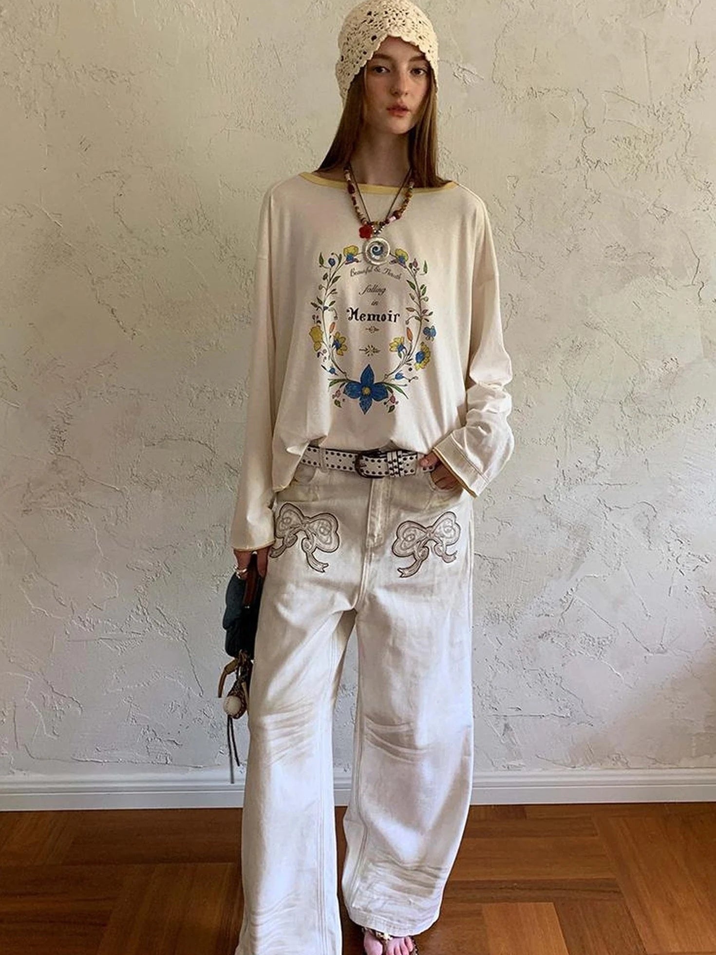 Vintage Bow Patchwork Distressed Jeans