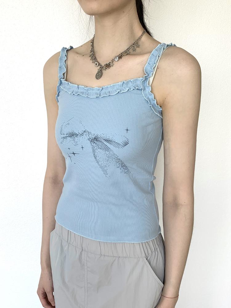 Vintage Bow Print Blue Summer Sleeveless Knit Top