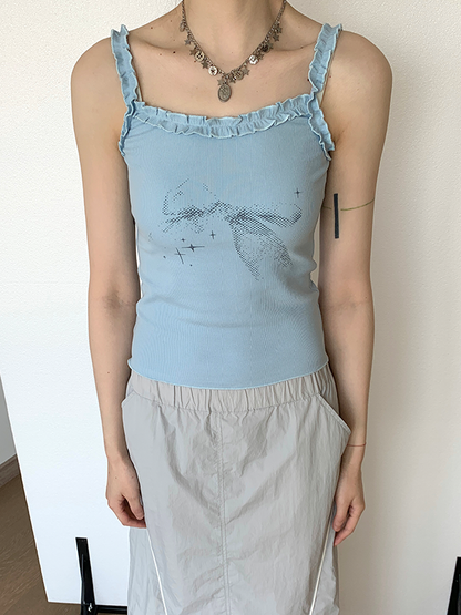 Vintage Bow Print Blue Summer Sleeveless Knit Top