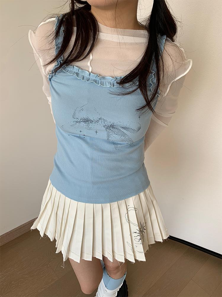 Vintage Bow Print Blue Summer Sleeveless Knit Top