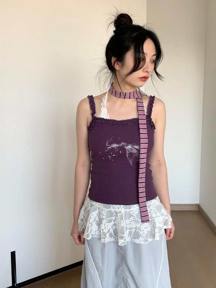 Vintage Bow Print Blue Summer Sleeveless Knit Top