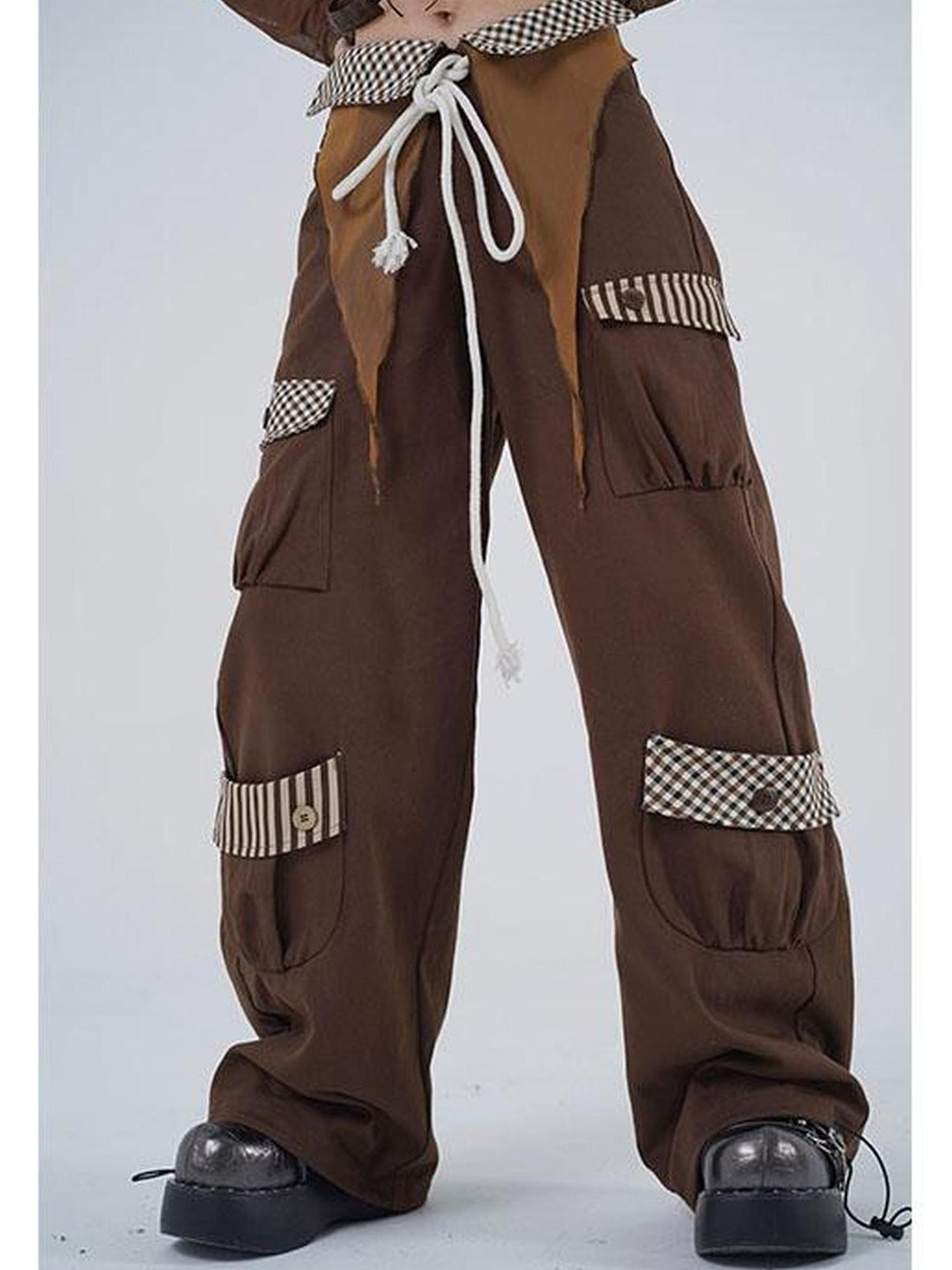 WSW WUSHENWU Vintage Brown Cargo Pants Adjustable Elastic Wide Leg Retro Style