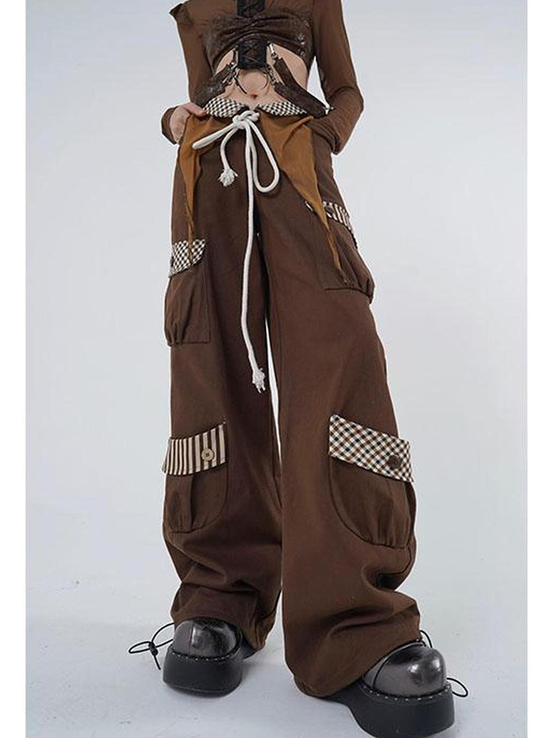 WSW WUSHENWU Vintage Brown Cargo Pants Adjustable Elastic Wide Leg Retro Style