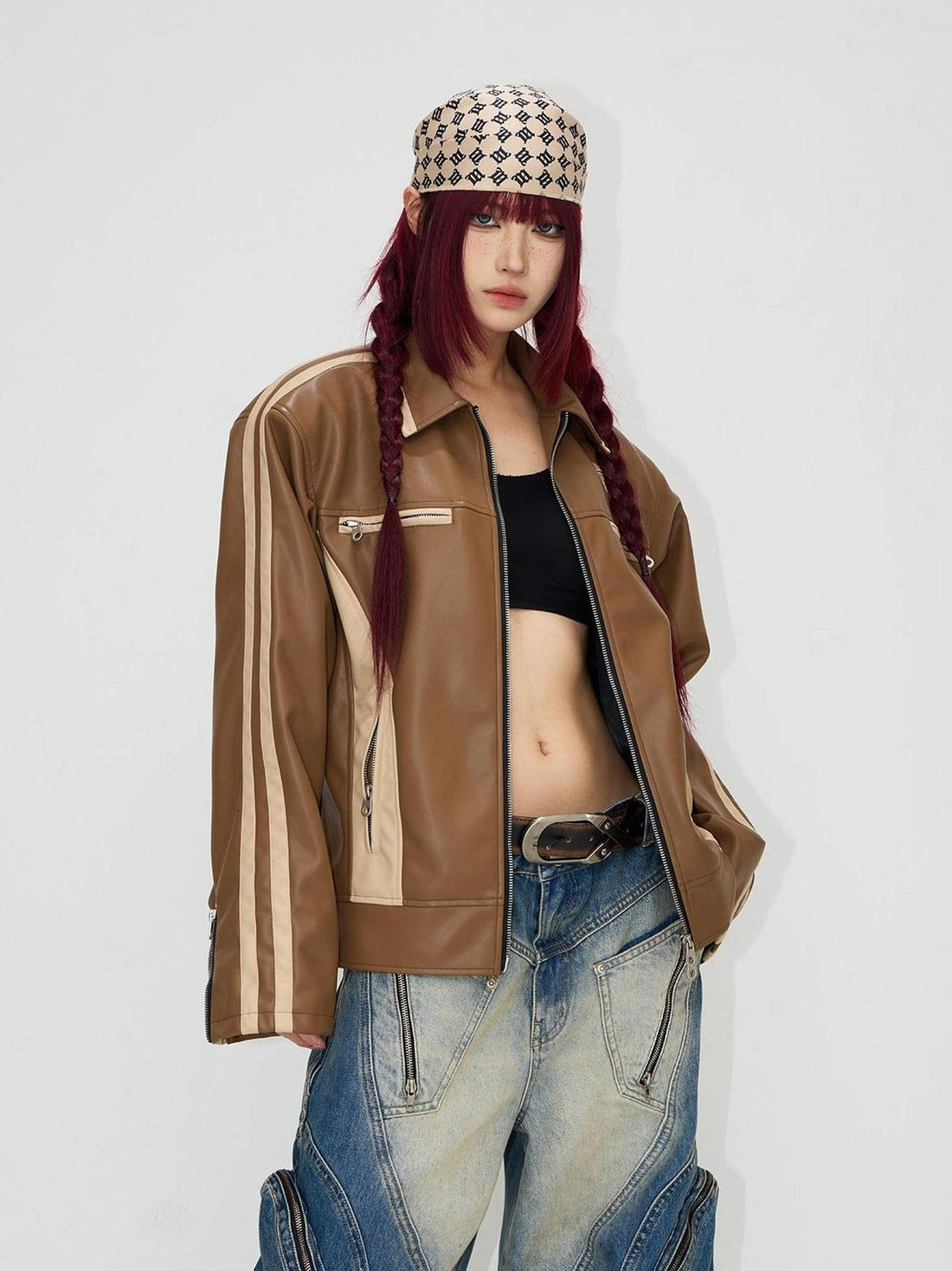 Peoplesense Vintage Brown Embroidered Motorcycle Pu Jacket Unisex Retro Fit