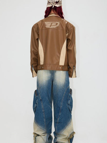 Peoplesense Vintage Brown Embroidered Motorcycle Pu Jacket Unisex Retro Fit