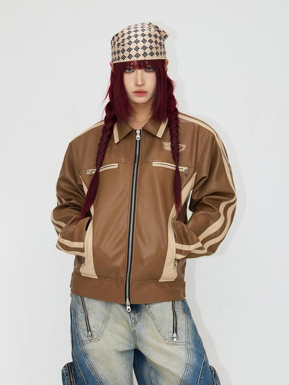 Peoplesense Vintage Brown Embroidered Motorcycle Pu Jacket Unisex Retro Fit