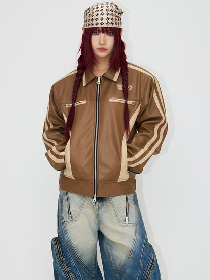 Peoplesense Vintage Brown Embroidered Motorcycle Pu Jacket Unisex Retro Fit