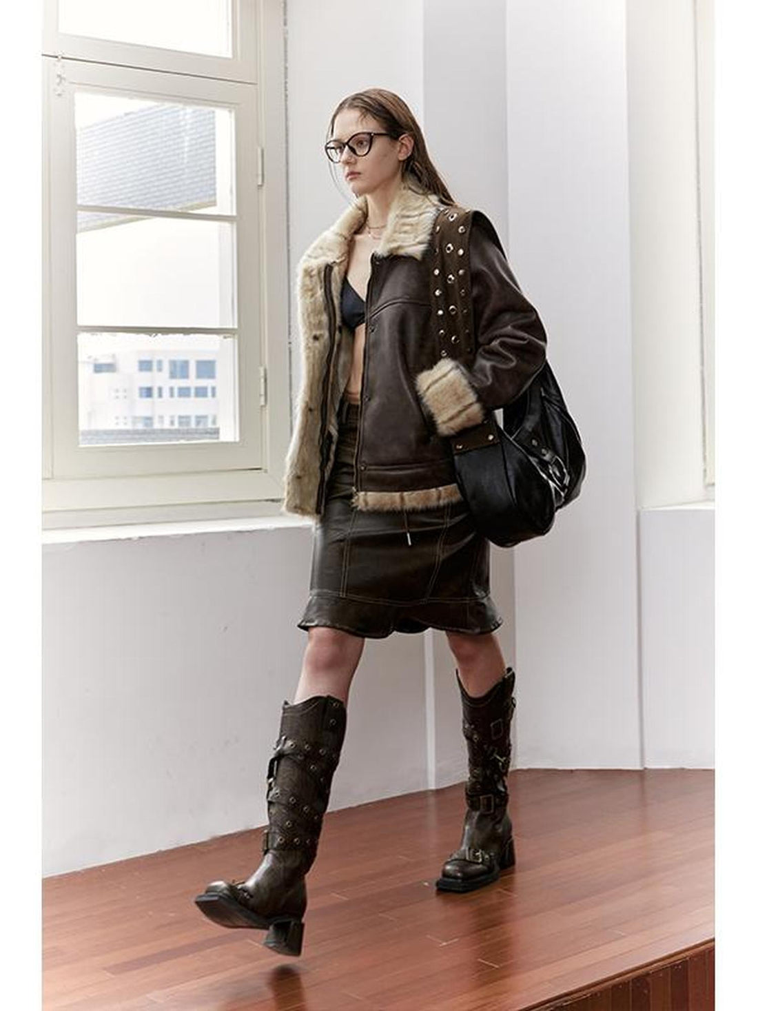 2th Desire Vintage Brown Leather Jacket Women Winter Fur Coat
