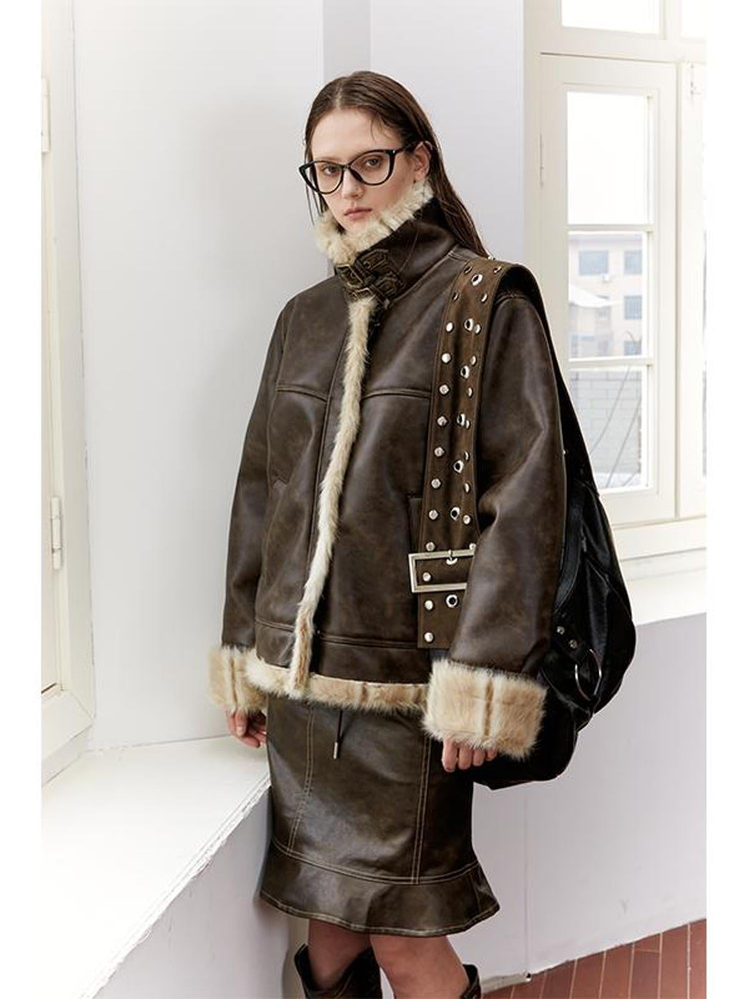 2th Desire Vintage Brown Leather Jacket Women Winter Fur Coat