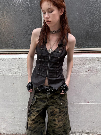 DoublePunch Vintage Camo Cargo Capri Pants Low Rise Distressed Wide Leg Trousers