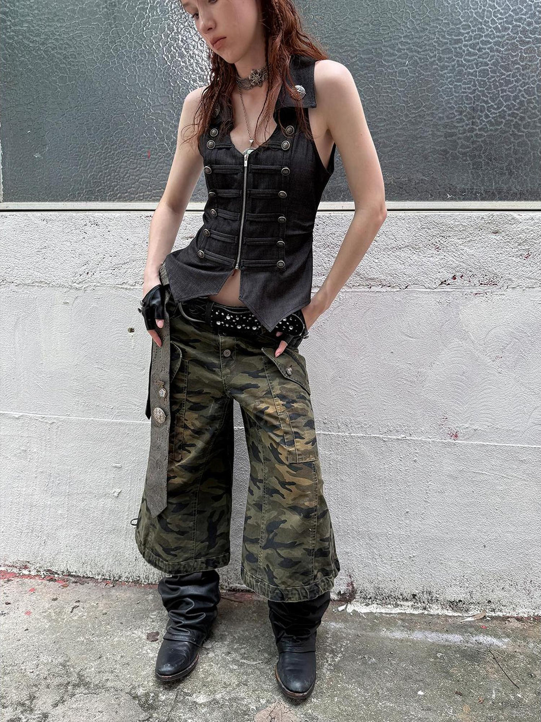 DoublePunch Vintage Camo Cargo Capri Pants Low Rise Distressed Wide Leg Trousers
